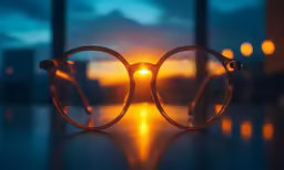 a pair of glasses with the light reflecting off the lens