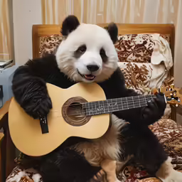 there is a panda bear holding onto a guitar