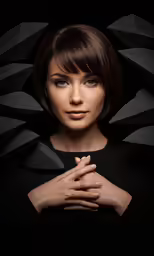 a young woman with her hands folded over her chest, in black and grey