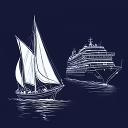 a sailboat floating on top of water next to a ship