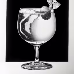 a water glass that has ice and some sort of fruit on top