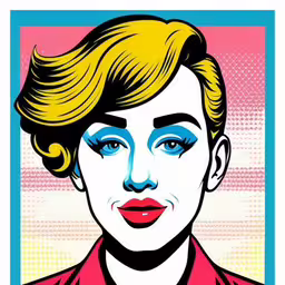 a drawing of a woman with bright hair,pop art print featuring a blonde haired woman with bright blue eyes
