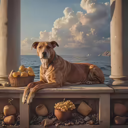 a dog lays on a bench near some fruits