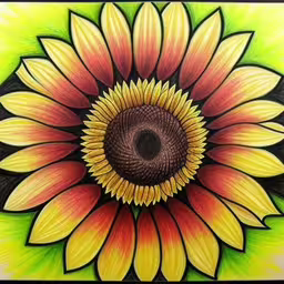 a painting of a large yellow sunflower,a drawing of a sunflower on a white sheet