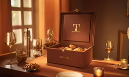 a display of wine glasses, nuts and cheeses in a box
