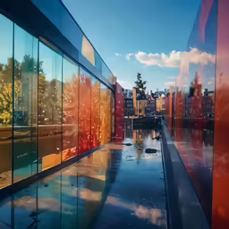 the reflection of a building in a large window