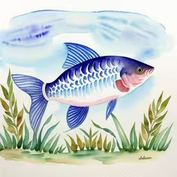 an illustration of a fish on the water,a blue and white fish on some plants