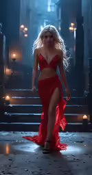 a woman is walking down a walkway