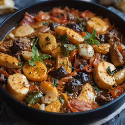 a pan filled with potatoes, meat, and other vegetables