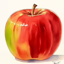 an apple with red, orange and green on a white surface,a painting of an orange and red apple