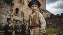 a group of people in period costumes standing near an ancient building