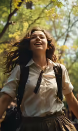 woman in dress walking with backpack and her hair blowing in the wind