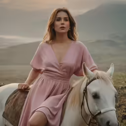 a woman sitting on a horse with the sunlight shining on her