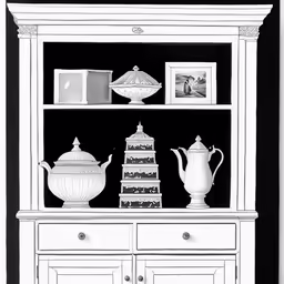 a black and white photo of an ornate dresser