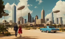 a man and woman walking toward an old style car with large flying objects in the background