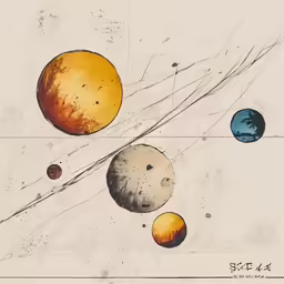 this vintage lit print depicts different sized planets in four stages of development