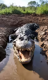 an alligator is taking a mud bath