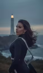 a woman posing in front of a lighthouse