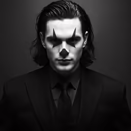 the young man wearing a joker makeup is posing