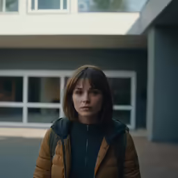 a woman standing outside a building with a brown jacket