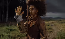 man with face paint and arm armor holding metal bird claws