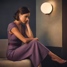 a woman in purple is sitting next to a wall