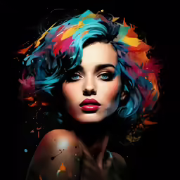 the head and shoulders of a young woman with colorful hair