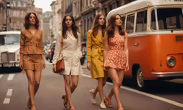 four women walk down the street together