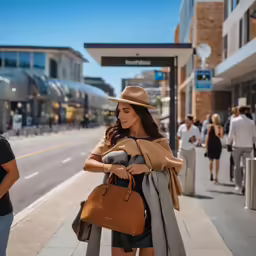a woman with her purse walking down a sidewalk