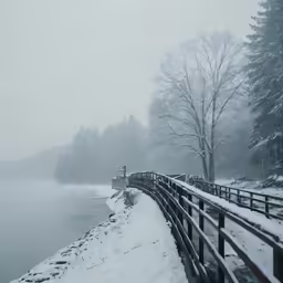 snowy day at the lake shore with a fence