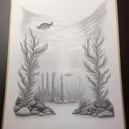 an image of a painting on paper in a frame,a drawing of some corals and fish in the water,a drawing of an underwater scene in grey tones,a black and white drawing of water and fish in the ocean,some sea life painting on display in a black and white frame