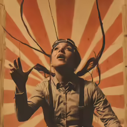 a woman in suspenders and a shirt holds her hair