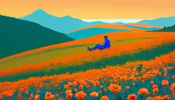 a person sitting in a field of flowers,a large painting of someone sitting in the middle of a field