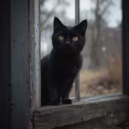 black cat looking out the window of an empty room