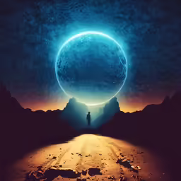 a person standing on a dirt road looking at a massive blue moon