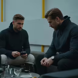 two men sitting in a living room with cups on the table