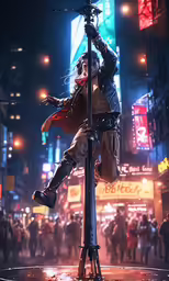 the game character is posed in front of a street