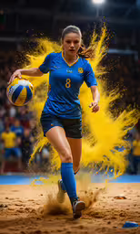 woman kicking ball during match in indoor arena,an image of a lady that is playing with a ball