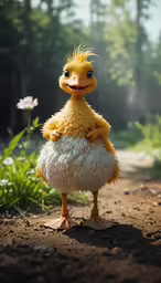 a fluffy yellow duck with fluffy white feathers is standing in dirt path