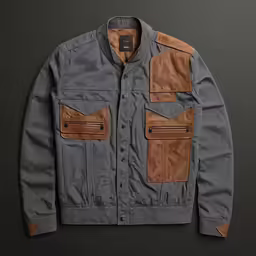 a grey jacket with two brown zippers and one tan pocket