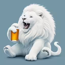 a white lion with blue eyes is holding a mug