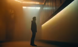 the person is standing alone in a large room