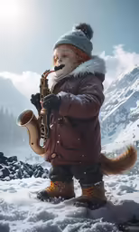 a little kid that is standing in the snow with a saxophone