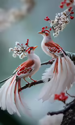 a close up of two birds sitting on top of a tree