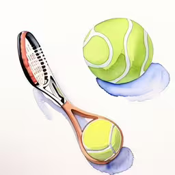 a watercolor sketch of a tennis ball and racket,a watercolor painting of a tennis racket and ball,the two tennis rackets are near a ball,a watercolor drawing of a tennis racket and a ball,a watercolor drawing of tennis racket, ball and watercole