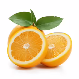 two oranges are cut in half and have green leaves