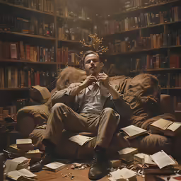a man sitting on top of a couch next to a bunch of books
