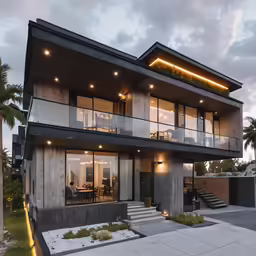 an exterior view of a contemporary house with the outside lit up