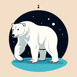 a polar bear standing alone in the outer space,a white polar bear standing in front of some bubbles,polar bear in a cartoon style,a polar bear standing in a blue circle,an illustration of a white polar bear looking into the distance