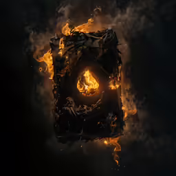 an abstract object surrounded by flames and smoke